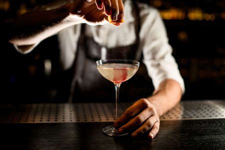 Bartender serving a cocktail in the glass adding a lemon juiceの写真素材