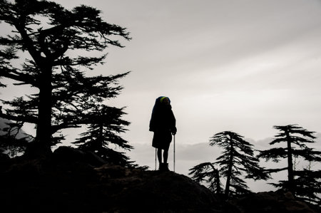 Silhouette girl in the raincoat standing with hiking backpack and sticks