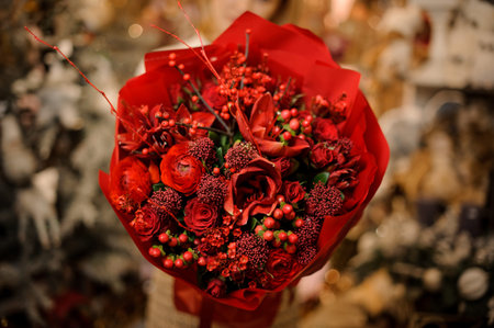 Woman holding a bouquet of saturated red flowers
