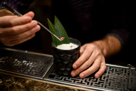 Male bartender decorated a glass with cocktail drink with a green tropical leaf and dried rose buds with tweezersの写真素材