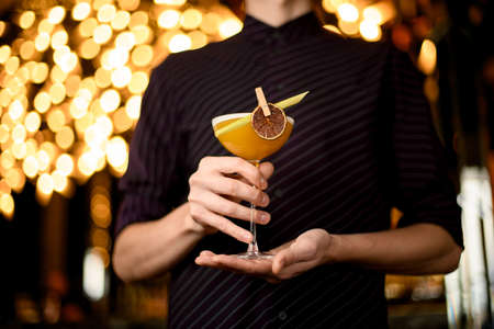 Male bartender in the purple shirt serving yellow alcoholic cocktail in the glass with a dried lemon and leaf in the blurred backgroundの写真素材