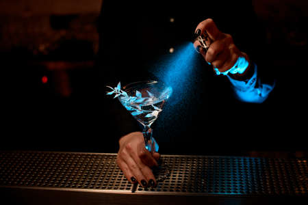 Professional bartender girl spraying on the transparent cocktail in the glass decorated with a silver branch with bitterの写真素材