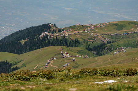 View at small village on top of hillの写真素材