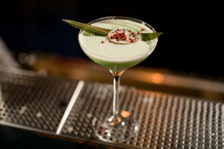Green creamy color cocktail decorated with a leaf, dried orange, sugar powdre and red pepper peasの写真素材