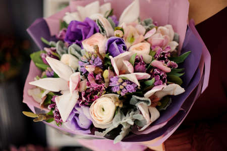 Close-up of giant bouquet of purple and pink flowersの写真素材