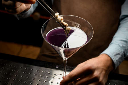 Professional male bartender decorated purple alcoholic cocktail in a martini glass with a flower by tweezersの写真素材