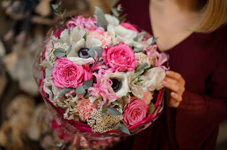 Close-up of lush bouquet of flowers in perfect wrappingの写真素材