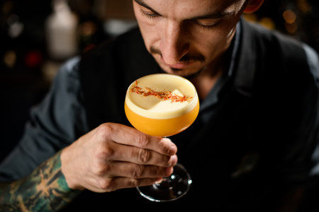 Male bartender checks alcohol drink in his hand