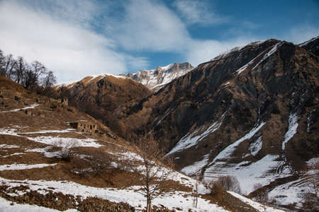 View at ancient ruins in snowy mountainsの写真素材
