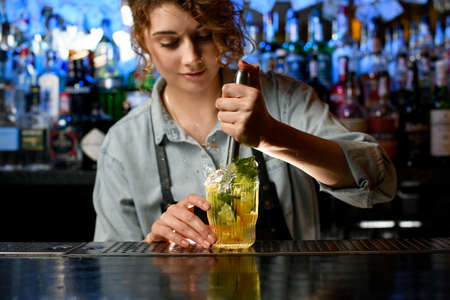 Young woman barman accurate preparing cocktail with slices of citrus fruitsの写真素材