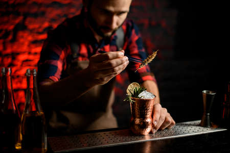 professional bartender decorates with spikelet metal glass with ise using tweezersの写真素材