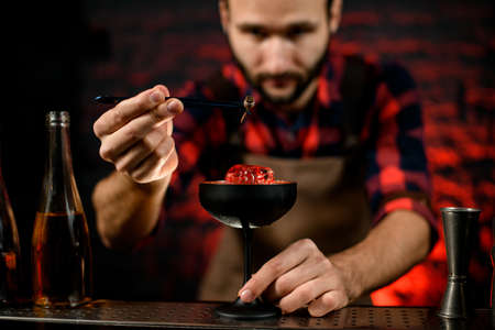 close-up professional bartender gently decorates glass by plantの写真素材