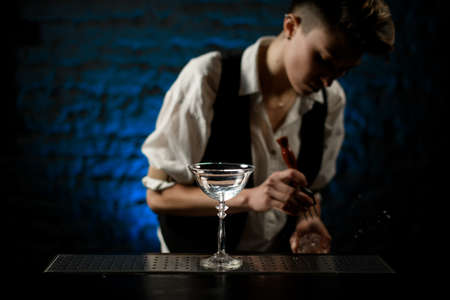 beautiful empty transparent glass standing on the bar.の写真素材