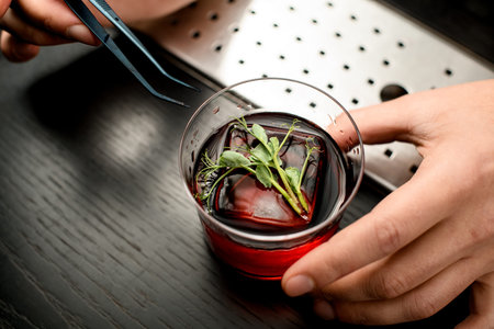 close-up glass with alcoholic drink and ice cube decorated with green plant