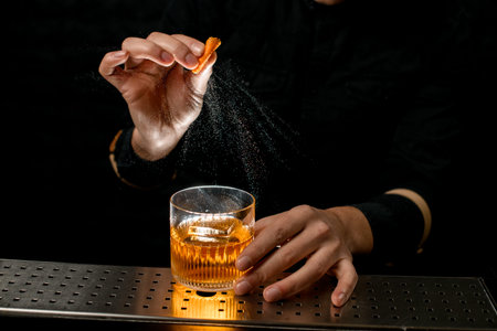 Close-up bartenders hand sprinkle to alcoholic cocktail with piece of citrus zest