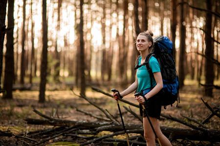 attractive woman tourist walks in the wood with backpack on her back.の写真素材
