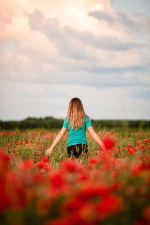 Rear view of beautiful young woman with long hair who standing on field with red poppies.の写真素材