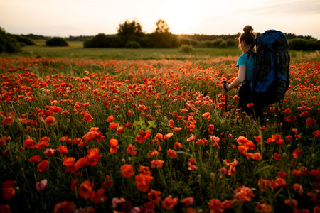 Rear view of young attractive woman with backpack and sticks who walking on field of poppies