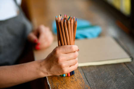 woman holds in fist pack of colored pencils for drawingの写真素材