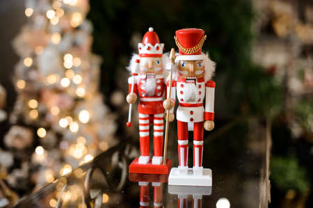 two magnificent wooden toys in the form of soldiers. Beautiful bright nutcrackersの写真素材