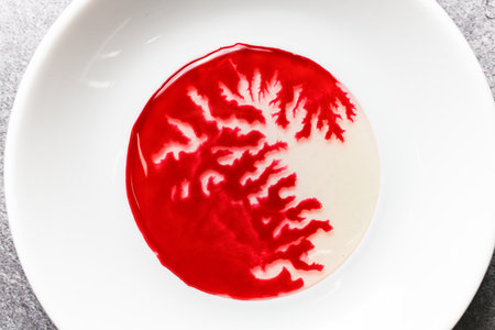 top view of white plate in which red liquid spreads in beautiful incredible patterns.の写真素材