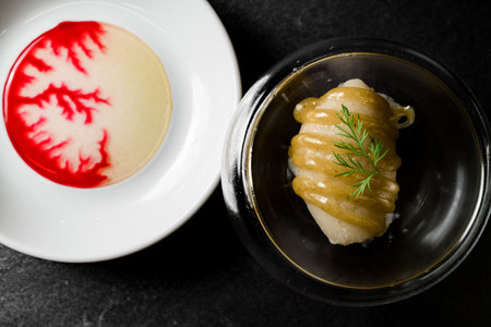Molecular gastronomy creativity modern cuisine, beautiful dessert dish with decoration, top viewの写真素材
