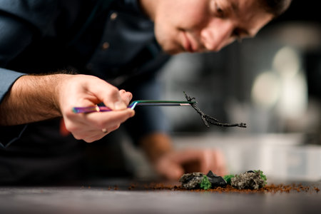 view of an incredible dish that male chef decorates with twigの写真素材