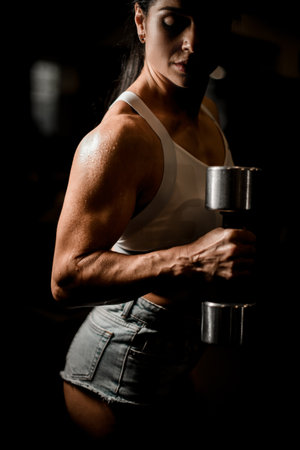 big heavy silver dumbbell in hand of beautiful strong muscular female bodybuilderの写真素材