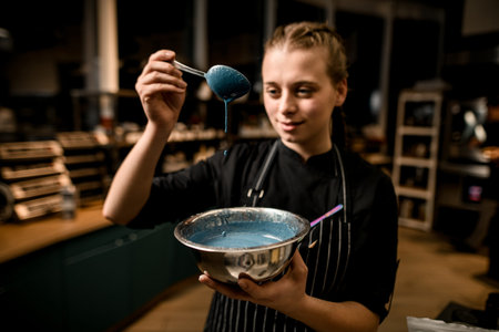 handsome woman chef holds bowl with blue sauce and pours it with spoon