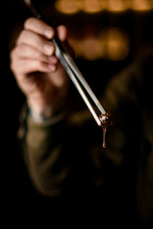 Close-up of beautiful small pine cone from which syrup flows in tweezers in man s handの写真素材