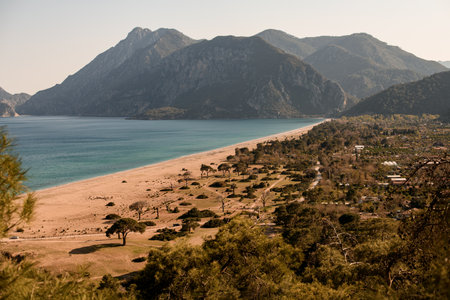 Magnificent high view of line of sea coast with trees and bushes against background of mountainsの写真素材