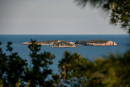 view on rocky islands in the sea and clear blue sky. Blurred green trees in foregroundの写真素材