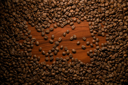 creativity composition of brown roasted coffee beans. Can be used as background.