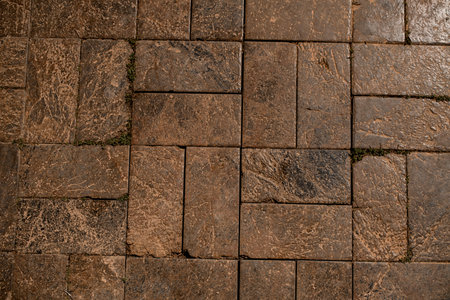 top view of the old square paving slabs masonryの写真素材