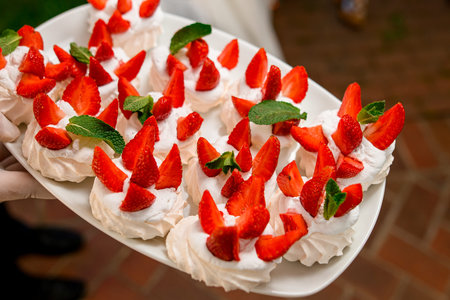 Anna Pavlova meringue with low-fat whipped cream and fresh strawberry on trayの写真素材