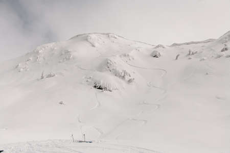 beautiful white snow-covered mountain with traces of skis on itの写真素材