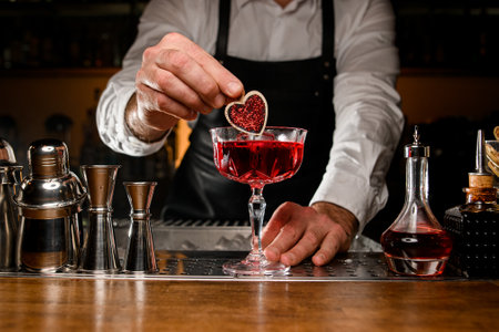 close-up of glass with alcoholic cocktail which the male bartender gently decoratesの写真素材