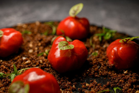a plate of garlic covered with red jelly on ground meat