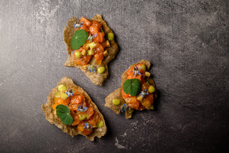 top view of beautiful tasty vegetable snack on grey table