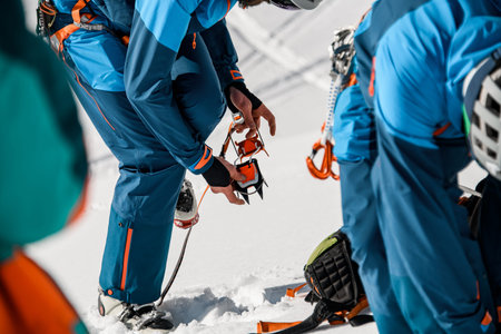 view of men wears climbing crampons over mountaineering shoes for walking through glacierの写真素材