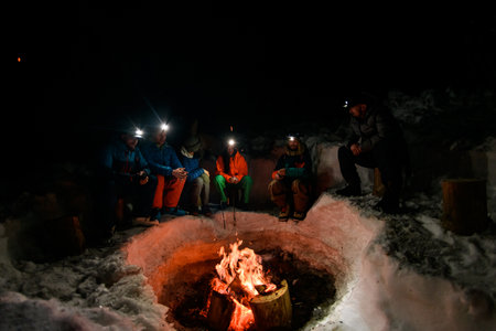 view of group of tourists sitting and bask around a campfire in winter evening.の写真素材