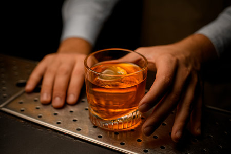 Cocktail glass with cold drink and ice cube stands on the bar counter and hand of male barman holds...
