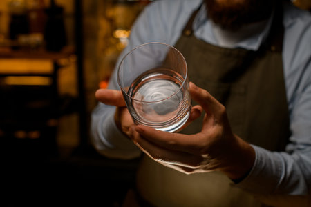 hands of a male bartender accurate holding a transparent empty glass for booze