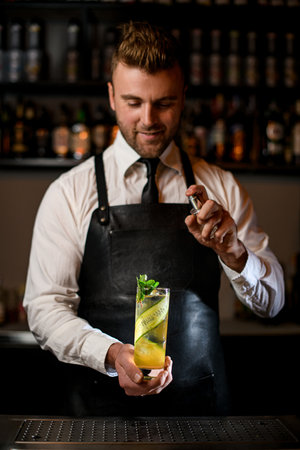 barman gently holds and sprinkles glass of cold cocktail decorated with mint twig and cucumber stripesの写真素材