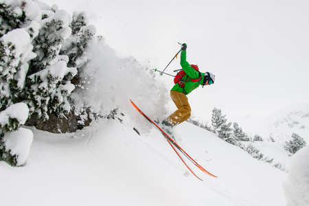 Side view of skier energy sliding down the snow-covered mountain slope. Freeride skiing conceptの写真素材