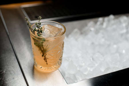 Beautiful view on rosemary branch which garnished glass of cold cocktailの写真素材