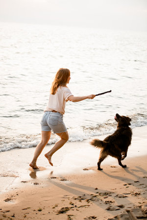 rear view of woman with stick exercising with her dog running along sandy beachの写真素材