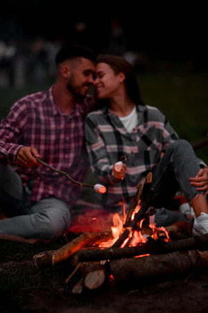 Happy smiling couple roasting marshmallows on campfire on nature.の写真素材