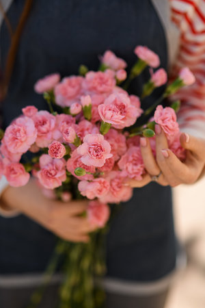 selective focus of bunch of tender pink carnation flowers in woman hands. Close-upの写真素材