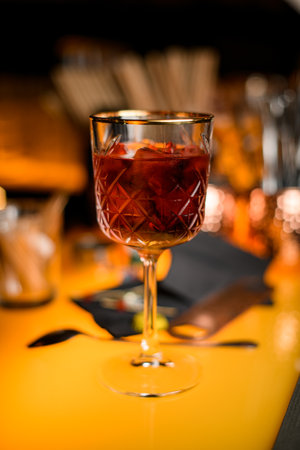 close-up view of beautiful crystal goblet with red alcoholic drink on bar counterの写真素材